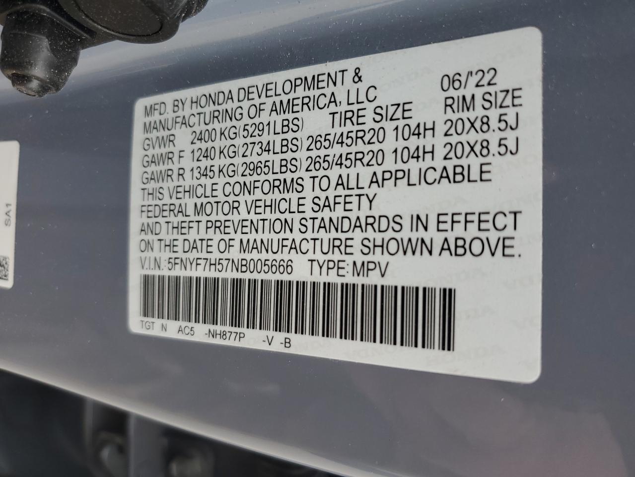 2022 HONDA PASSPORT EXL VIN:5FNYF7H57NB005666