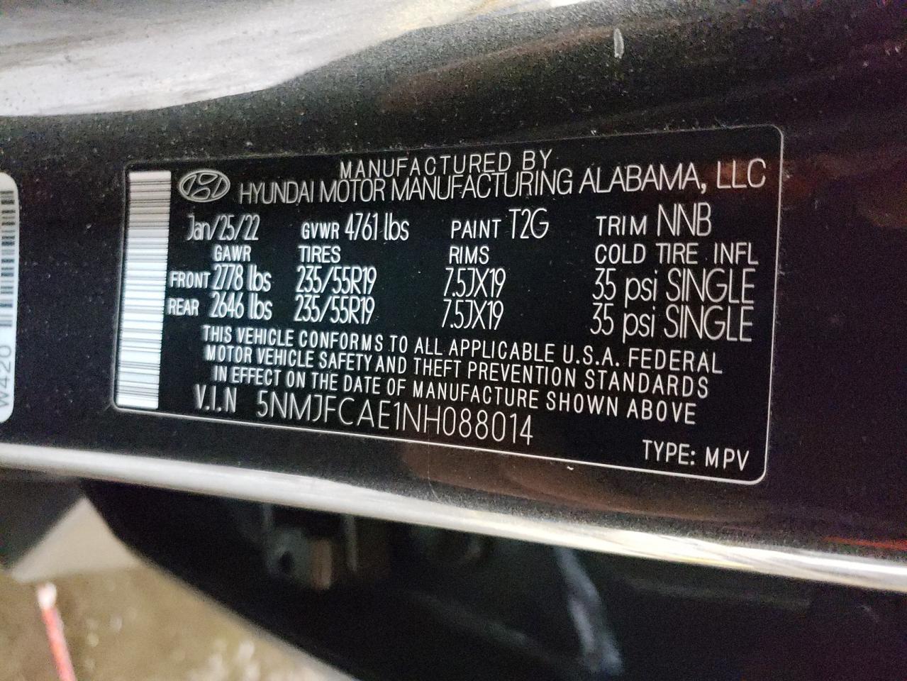 2022 HYUNDAI TUCSON SEL VIN:5NMJFCAE1NH088014