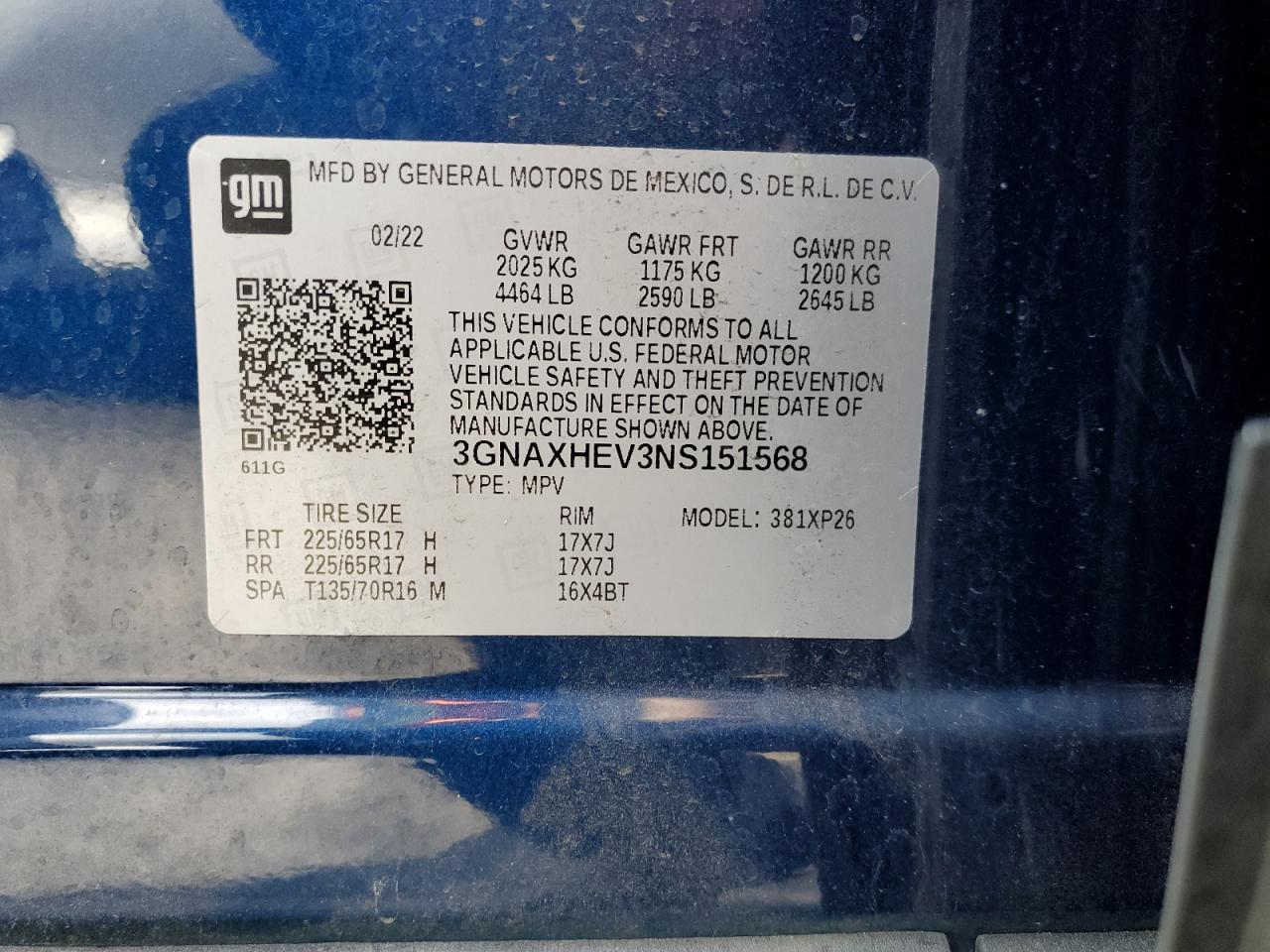 2022 CHEVROLET EQUINOX LS VIN:3GNAXHEV3NS151568