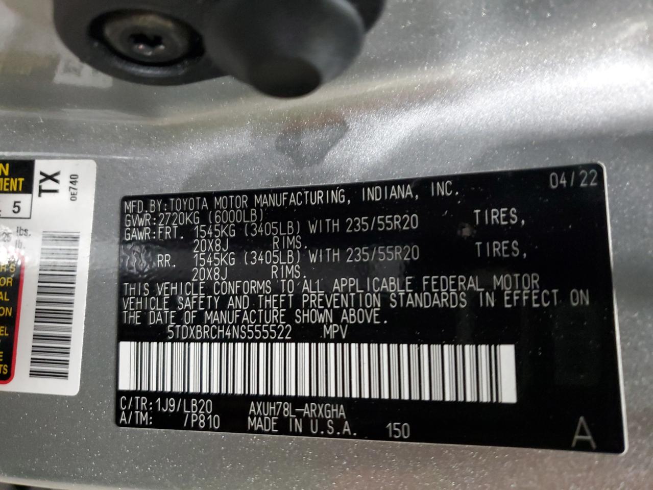 2022 TOYOTA HIGHLANDER HYBRID LIMITED VIN:5TDXBRCH4NS555522