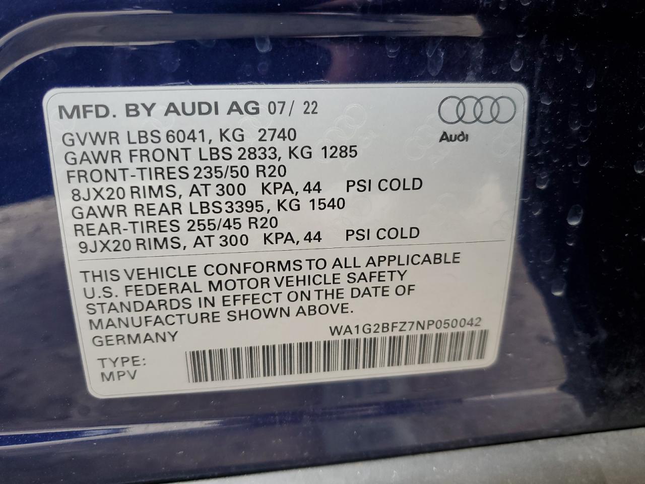 2022 AUDI Q4 E-TRON PREMIUM VIN:WA1G2BFZ7NP050042