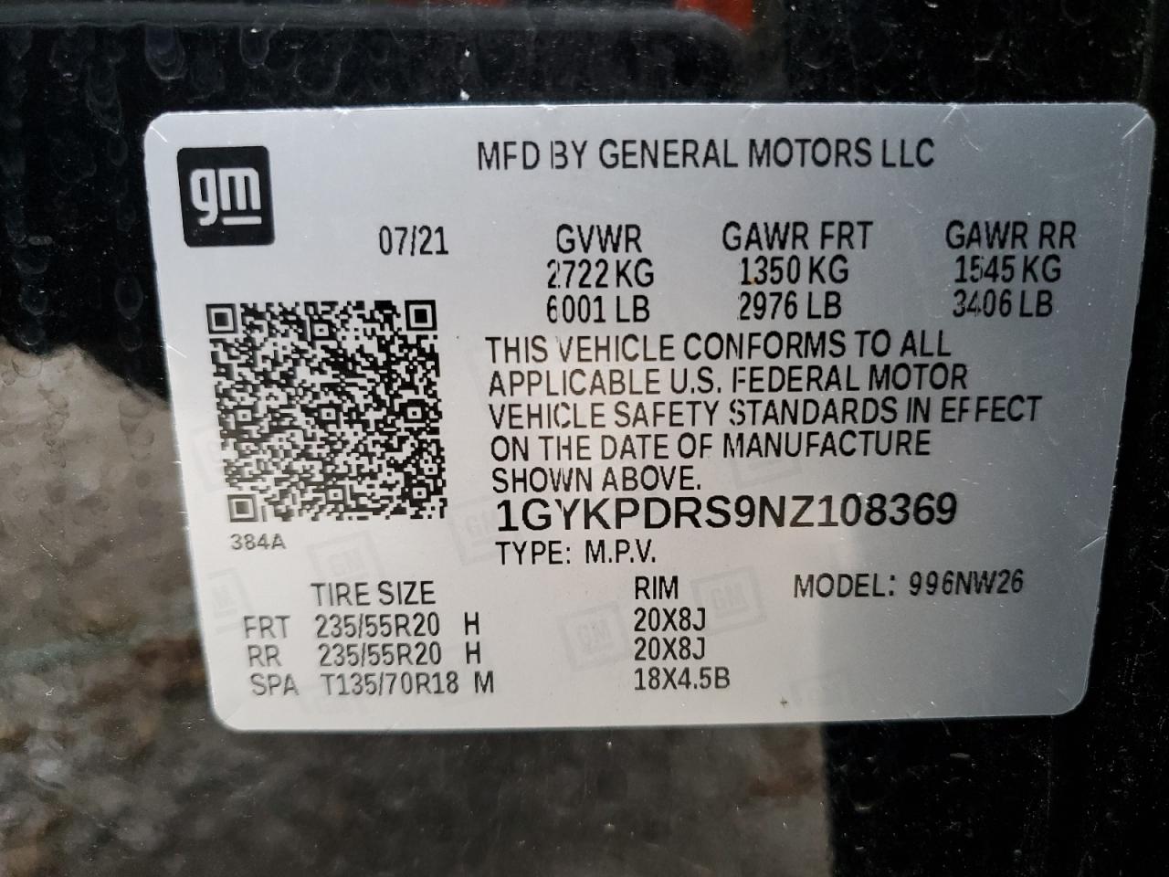 2022 CADILLAC XT6 PREMIUM LUXURY VIN:1GYKPDRS9NZ108369