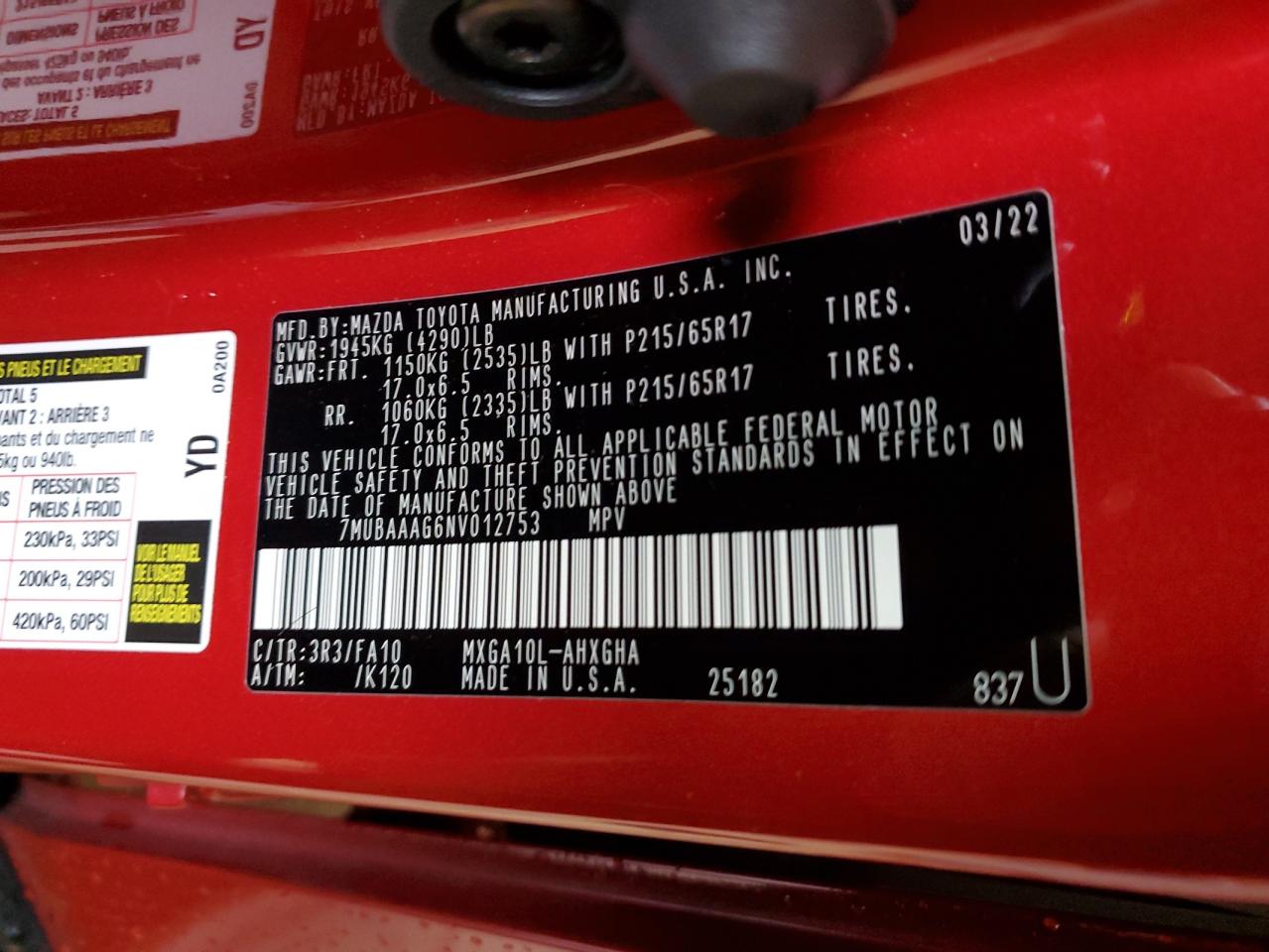 2022 TOYOTA COROLLA CROSS LE VIN:7MUBAAAG6NV012753