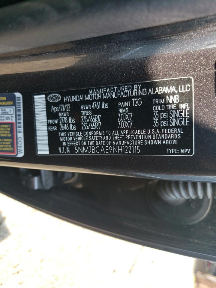 2022 HYUNDAI TUCSON SEL VIN:5NMJBCAE9NH122115