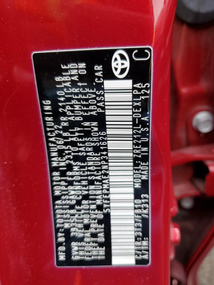 2022 TOYOTA COROLLA LE VIN:5YFEPMAE2NP341626