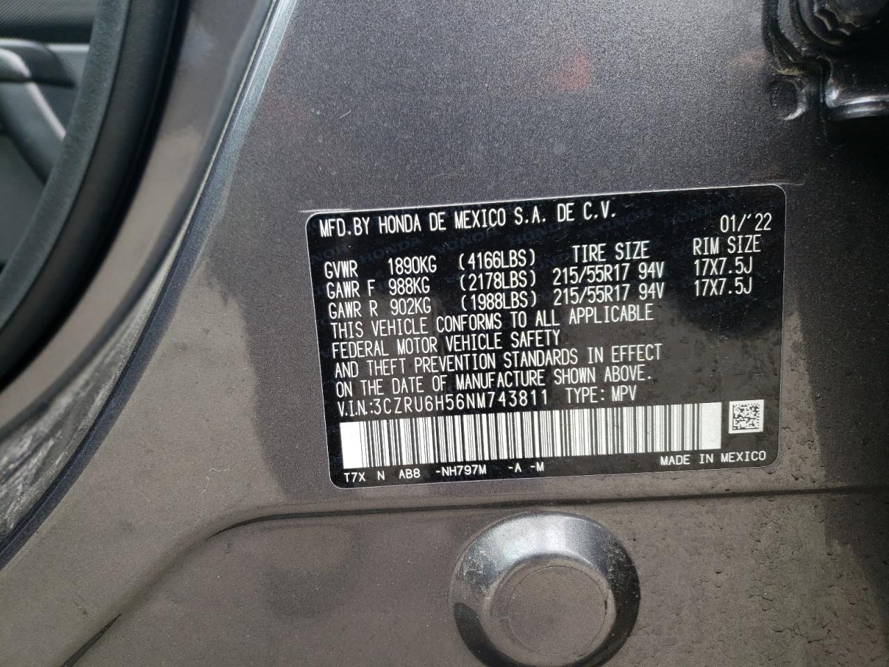 2022 HONDA HR-V EX VIN:3CZRU6H56NM743811
