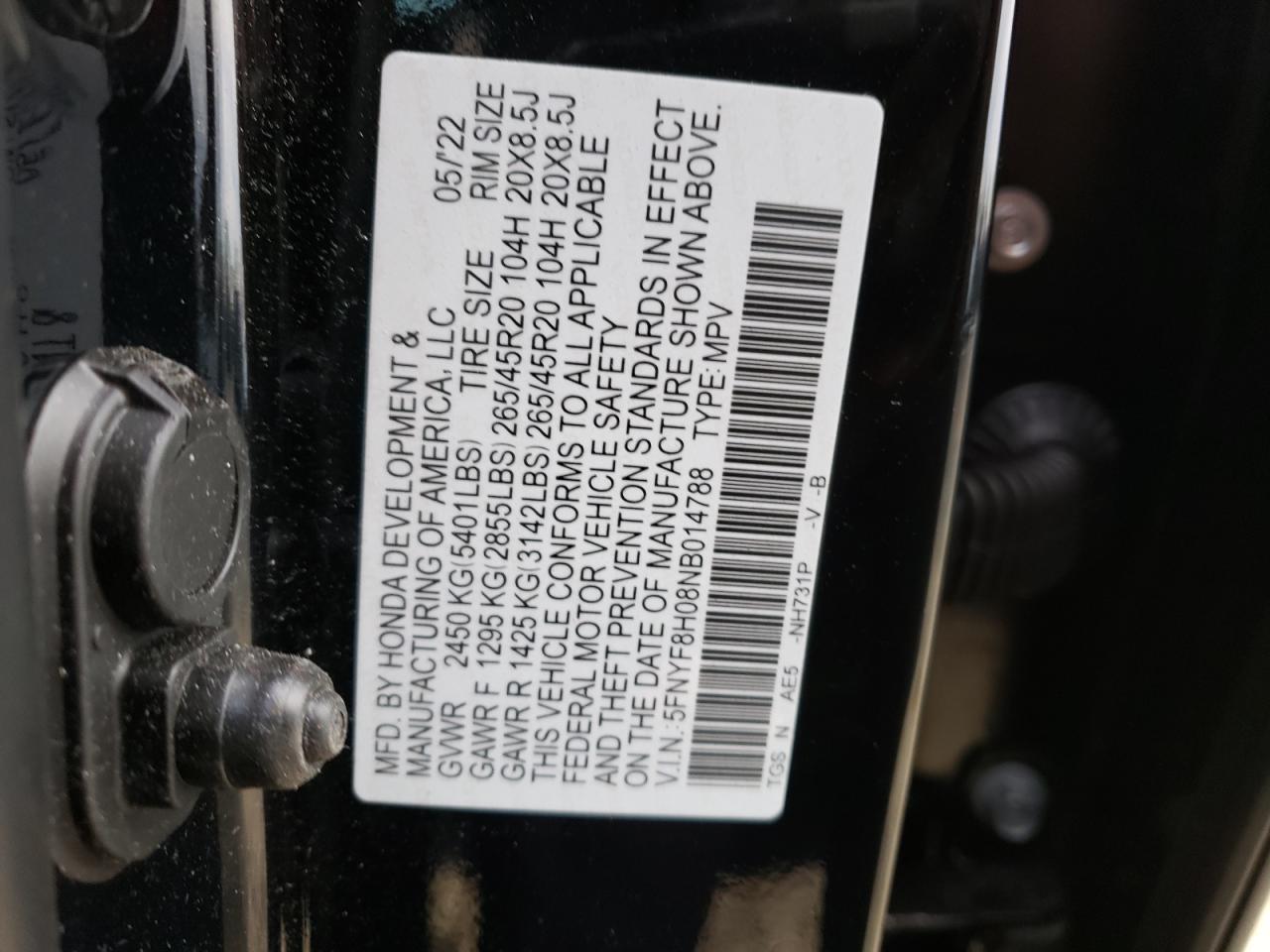 2022 HONDA PASSPORT ELITE VIN:5FNYF8H08NB014788