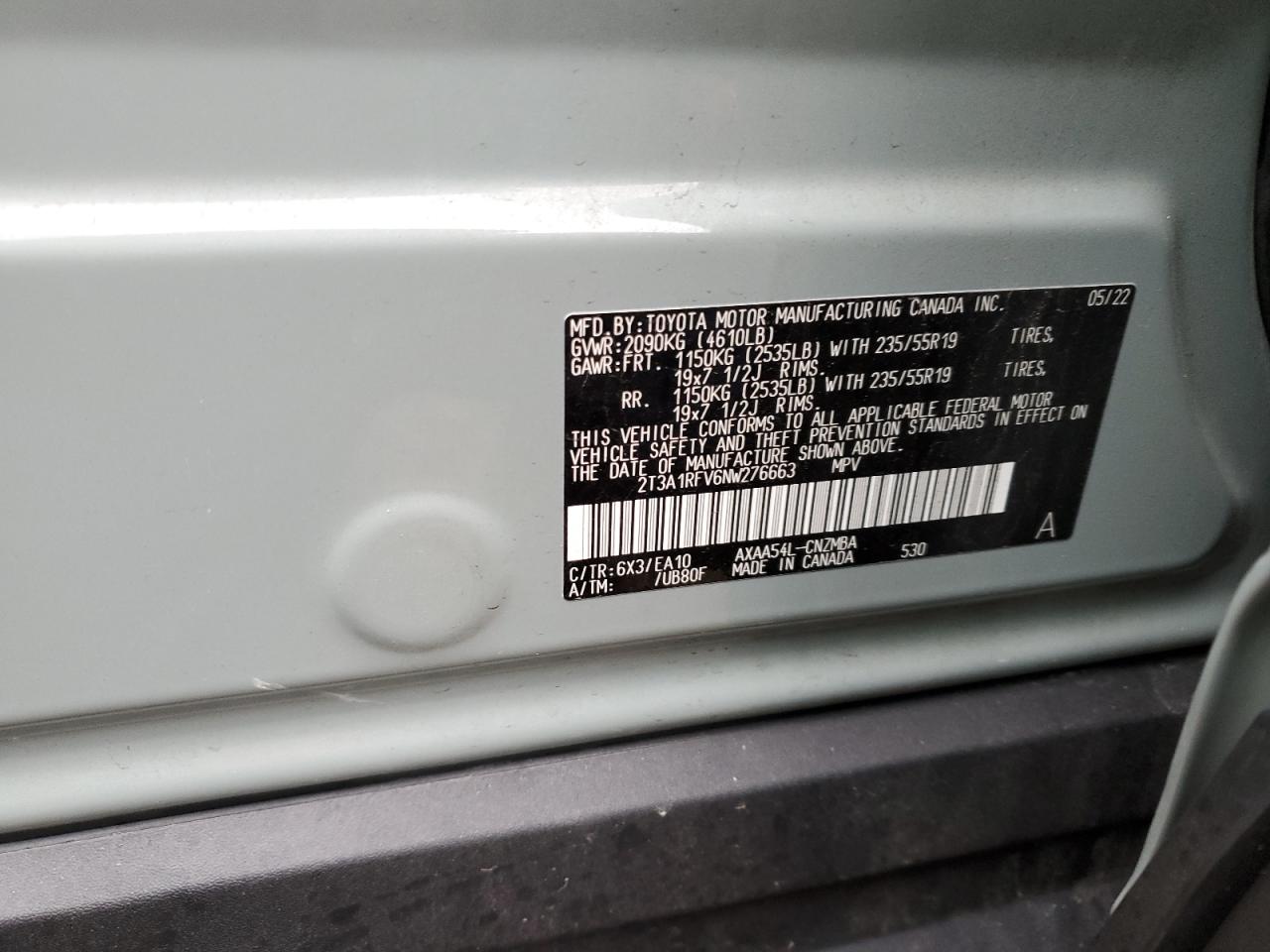 2022 TOYOTA RAV4 XLE PREMIUM VIN:2T3A1RFV6NW276663