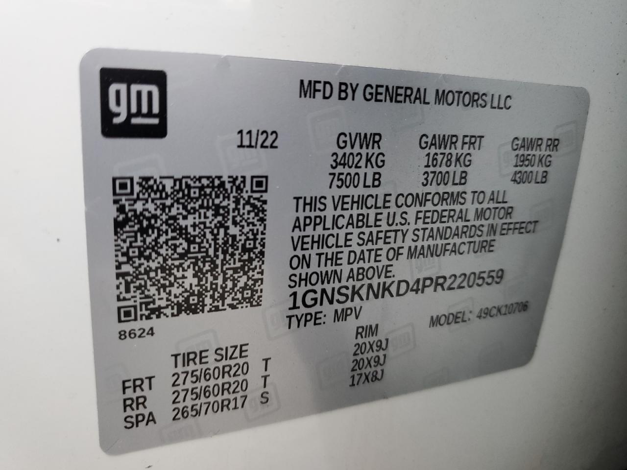 2023 CHEVROLET TAHOE K1500 LT VIN:1GNSKNKD4PR220559