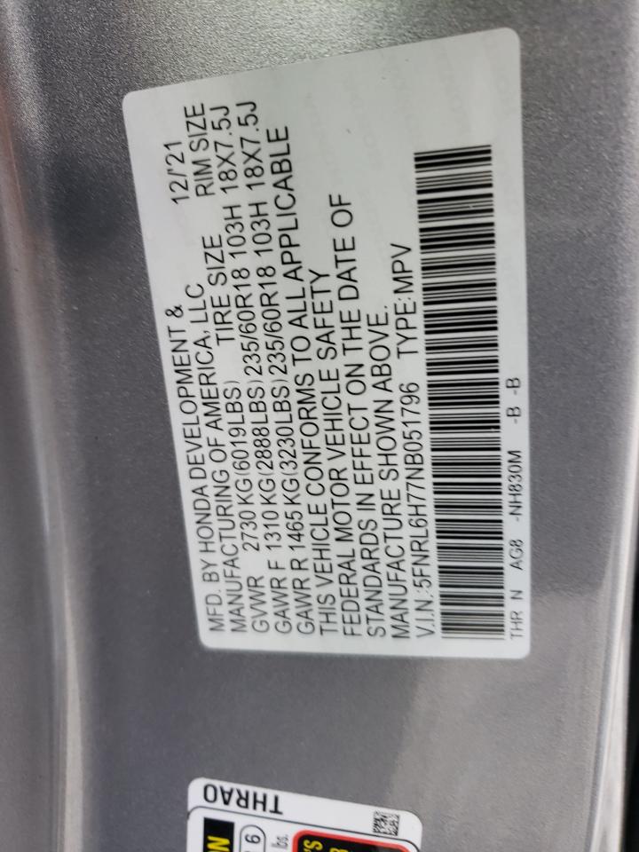 2022 HONDA ODYSSEY EXL VIN:5FNRL6H77NB051796