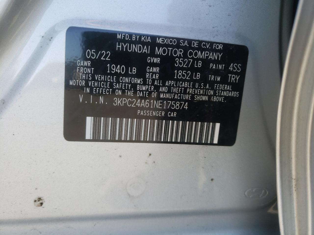 2022 HYUNDAI ACCENT SE VIN:3KPC24A61NE175874