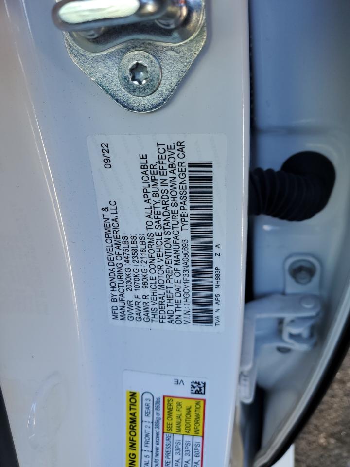 2022 HONDA ACCORD SPORT VIN:1HGCV1F33NA080693