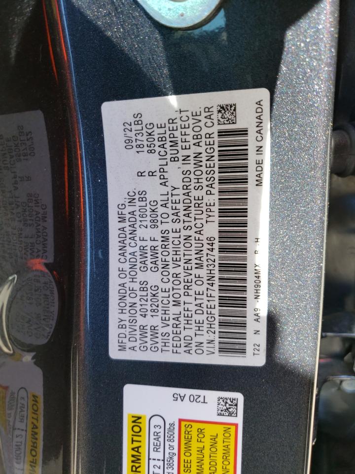 2022 HONDA CIVIC EX VIN:2HGFE1F74NH327446