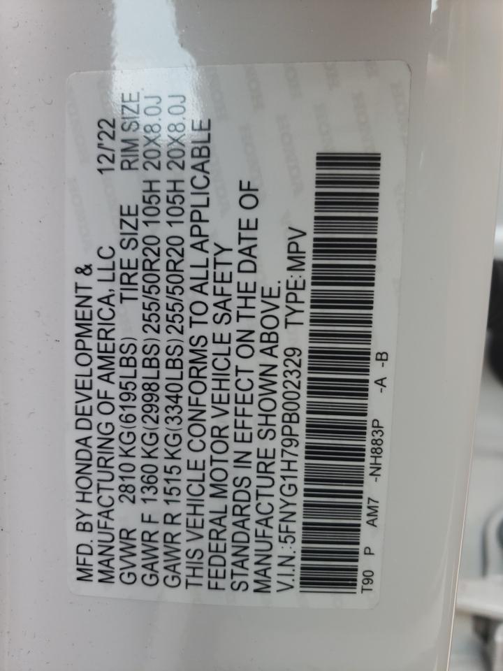 2023 HONDA PILOT TOURING VIN:5FNYG1H79PB002329