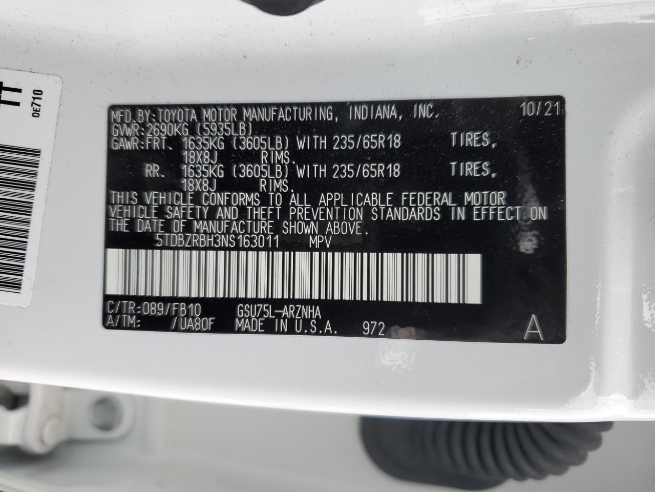 2022 TOYOTA HIGHLANDER L VIN:5TDBZRBH3NS163011