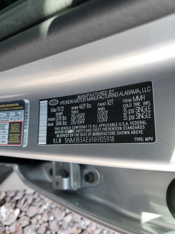 2022 HYUNDAI TUCSON SEL VIN:5NMJB3AE6NH105918