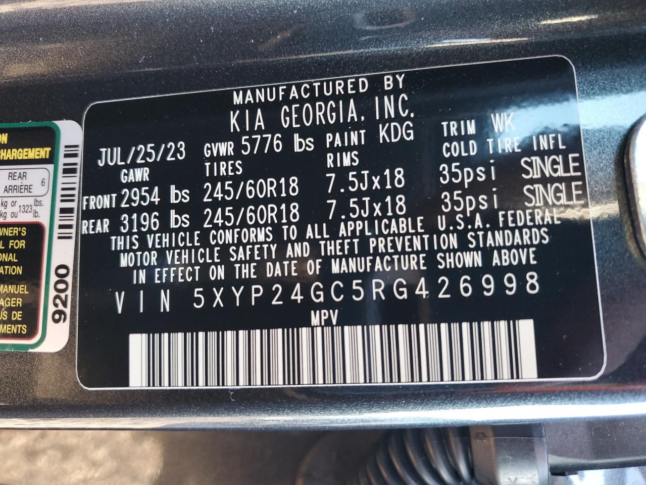 2024 KIA TELLURIDE LX VIN:5XYP24GC5RG426998