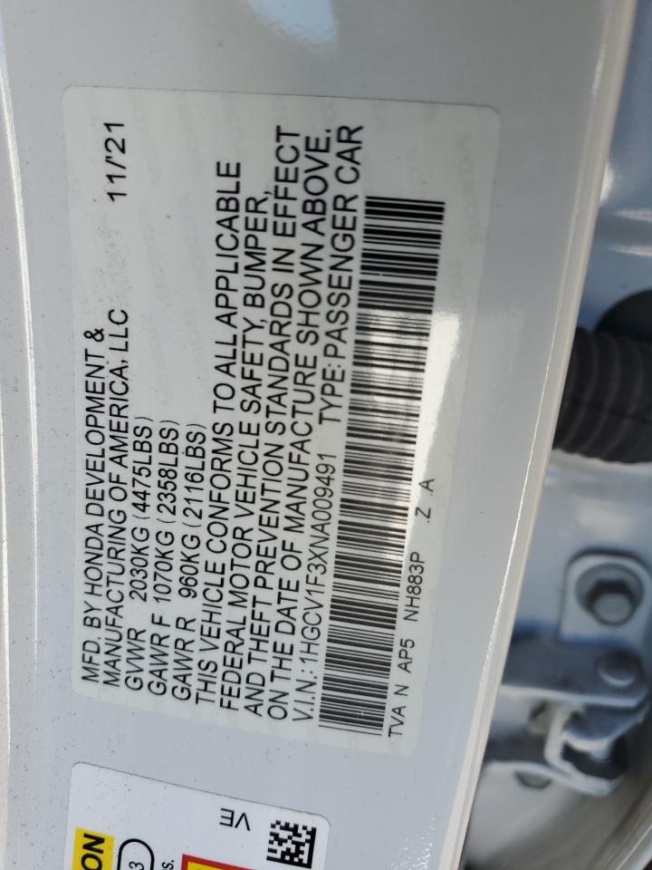 2022 HONDA ACCORD SPORT VIN:1HGCV1F3XNA009491
