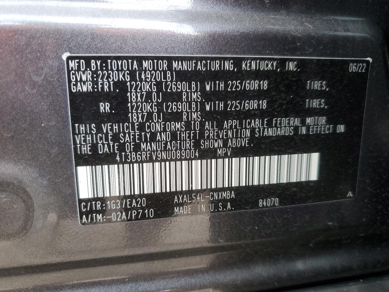 2022 TOYOTA RAV4 XLE PREMIUM VIN:4T3B6RFV9NU089004