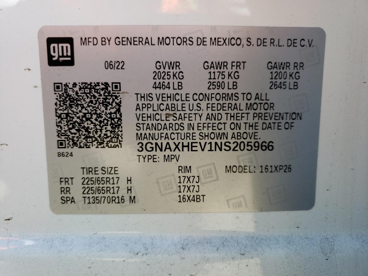 2022 CHEVROLET EQUINOX LS VIN:3GNAXHEV1NS205966