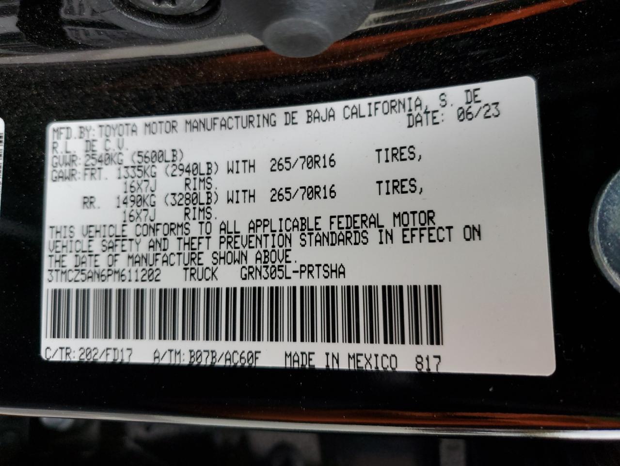 2023 TOYOTA TACOMA DOUBLE CAB VIN:3TMCZ5AN6PM611202