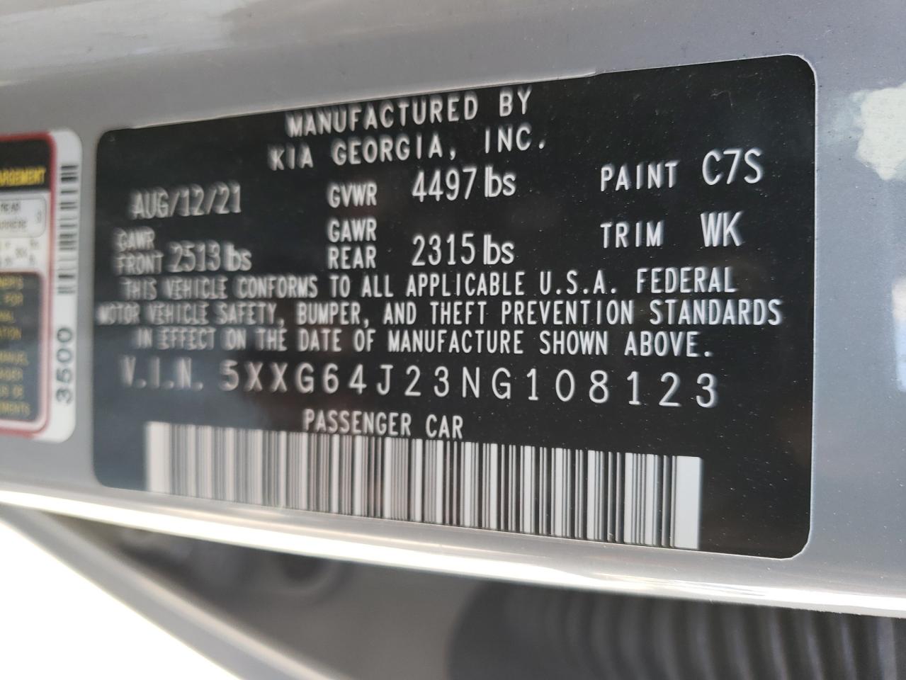 2022 KIA K5 GT LINE VIN:5XXG64J23NG108123