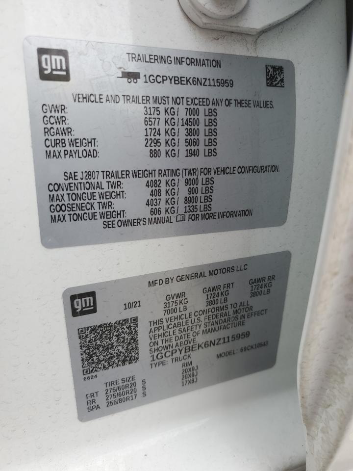 2022 CHEVROLET SILVERADO LTD K1500 CUSTOM VIN:1GCPYBEK6NZ115959