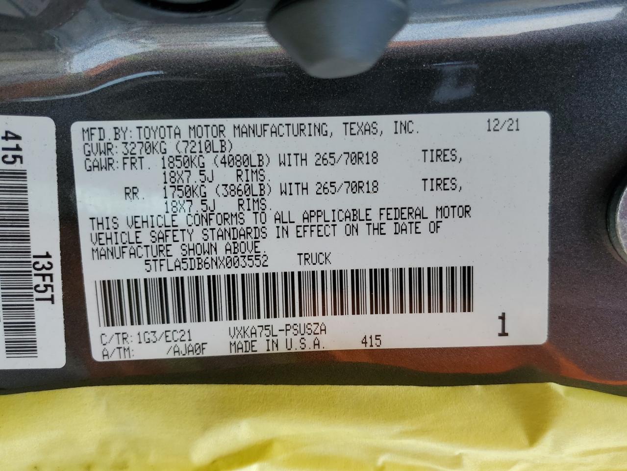 2022 TOYOTA TUNDRA CREWMAX SR VIN:5TFLA5DB6NX003552