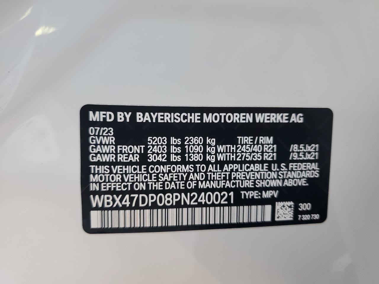 2023 BMW X3 SDRIVE30I VIN:WBX47DP08PN240021