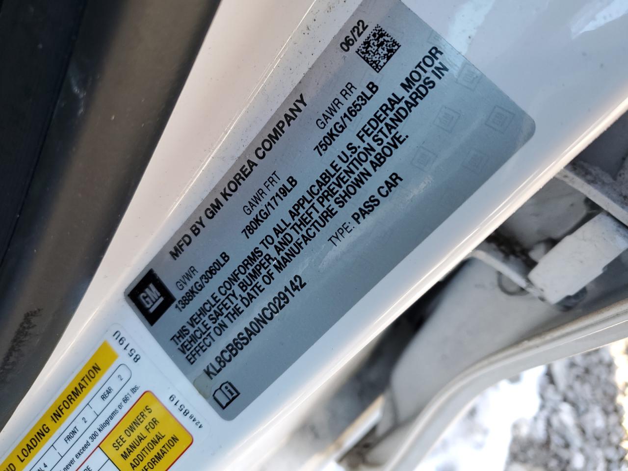 2022 CHEVROLET SPARK LS VIN:KL8CB6SA0NC029142