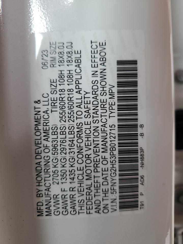 2023 HONDA PILOT EXL VIN:5FNYG2H53PB012715