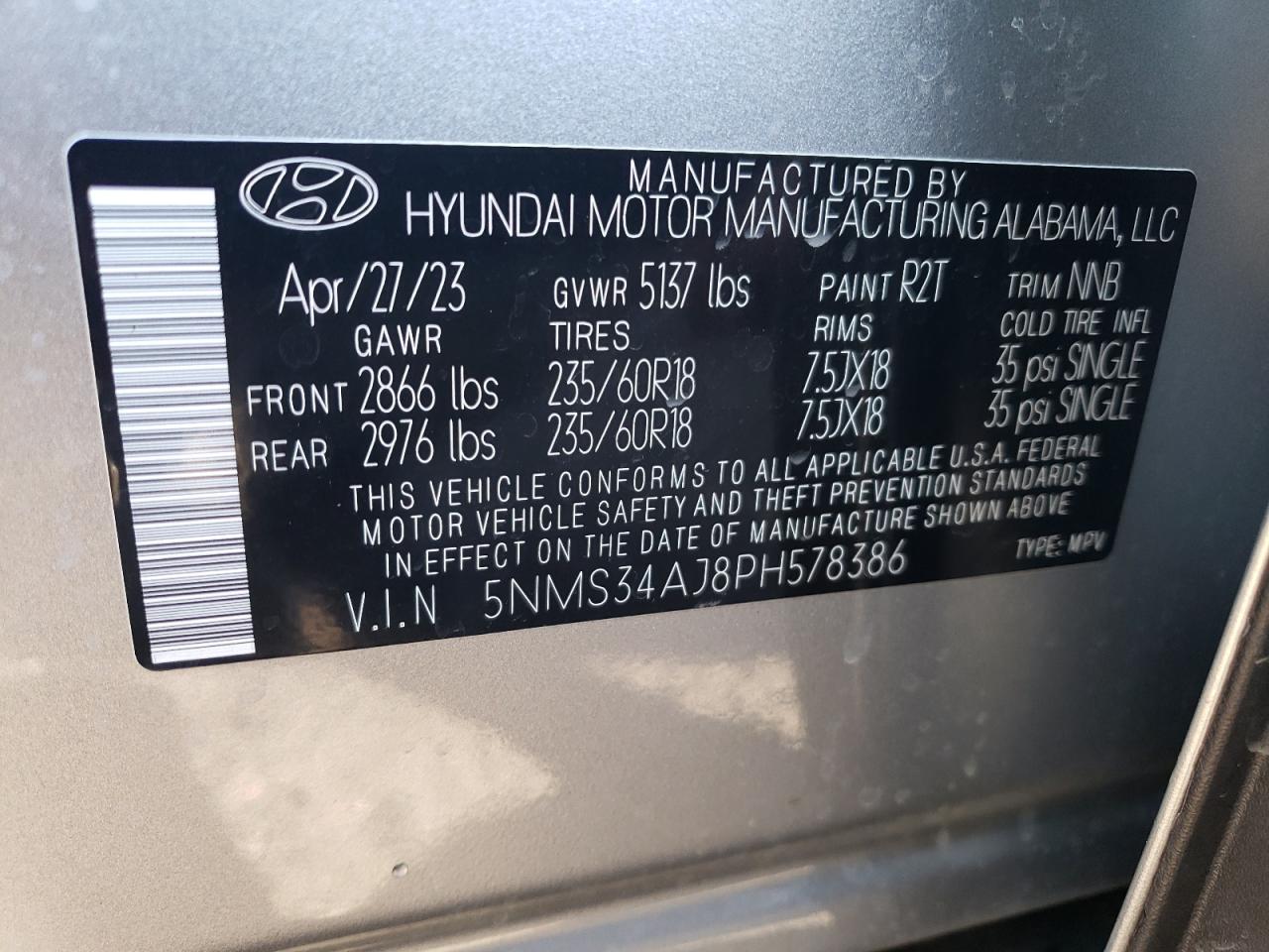 2023 HYUNDAI SANTA FE SEL PREMIUM VIN:5NMS34AJ8PH578386