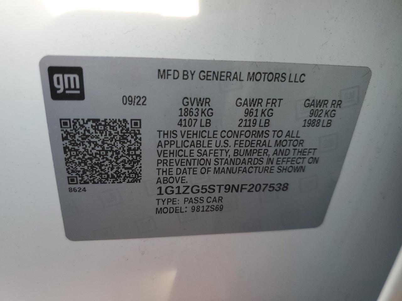 2022 CHEVROLET MALIBU RS VIN:1G1ZG5ST9NF207538