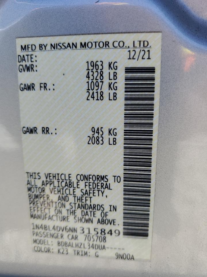 2022 NISSAN ALTIMA SV VIN:1N4BL4DV6NN315849