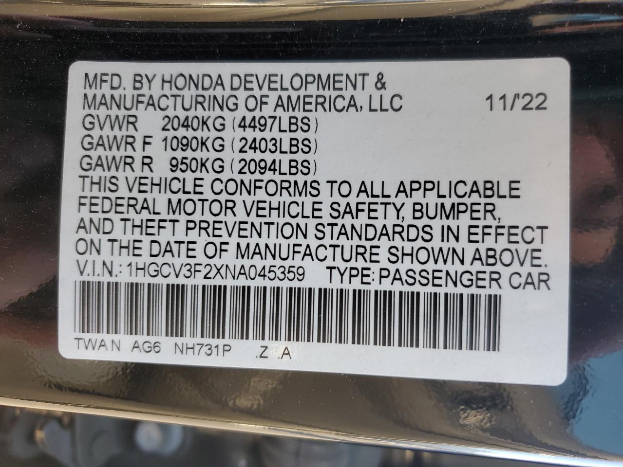 2022 HONDA ACCORD HYBRID SPORT VIN:1HGCV3F2XNA045359