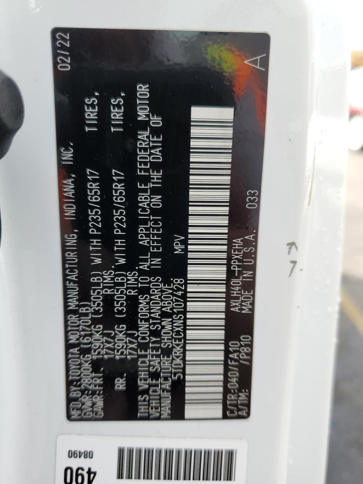 2022 TOYOTA SIENNA LE VIN:5TDKRKECXNS107428