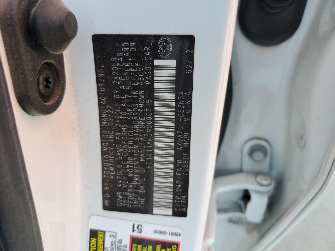 2022 TOYOTA CAMRY LE VIN:4T1R11AK0NU680715