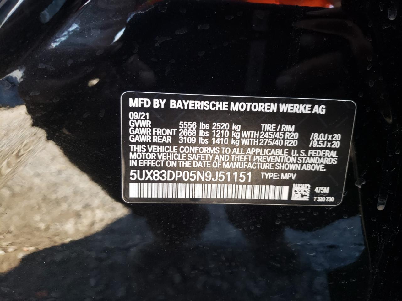 2022 BMW X3 M40I VIN:5UX83DP05N9J51151