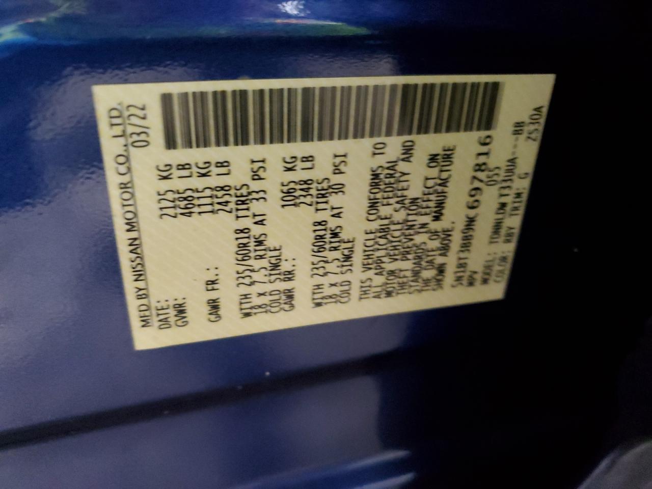 2022 NISSAN ROGUE SV VIN:5N1BT3BB9NC697816