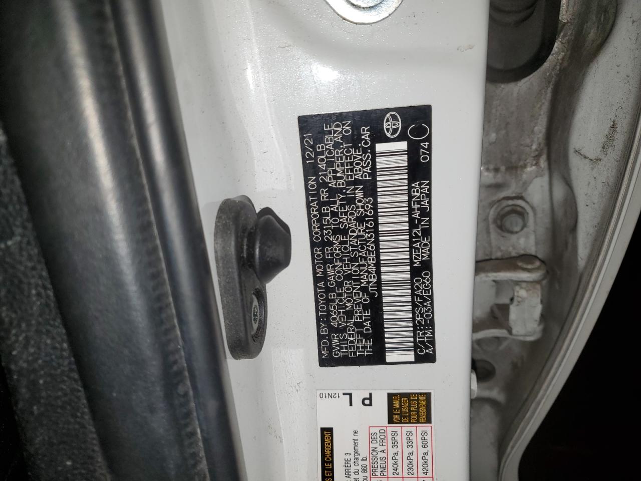 2022 TOYOTA COROLLA SE VIN:JTNB4MBE6N3161693