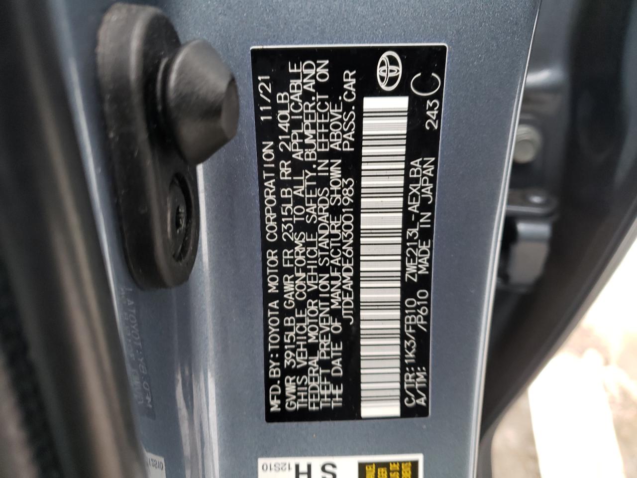 2022 TOYOTA COROLLA LE VIN:JTDEAMDE6N3001983