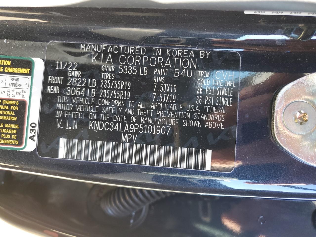 2023 KIA EV6 LIGHT VIN:KNDC34LA9P5101907