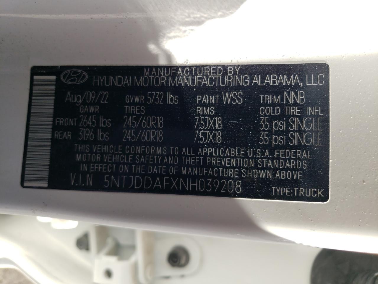 2022 HYUNDAI SANTA CRUZ SEL PREMIUM VIN:5NTJDDAFXNH039208