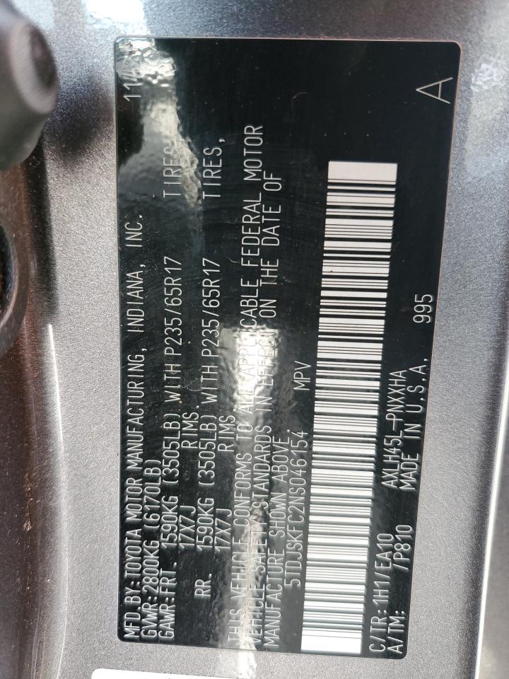 2022 TOYOTA SIENNA XLE VIN:5TDJSKFC2NS046154