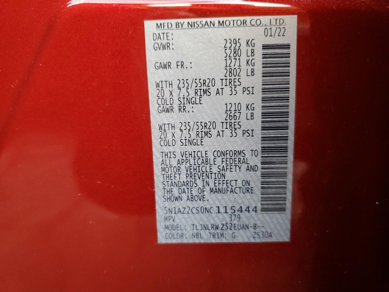 2022 NISSAN MURANO SL VIN:5N1AZ2CS0NC115444