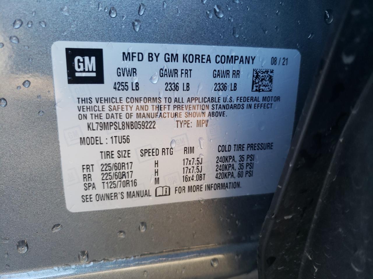 2022 CHEVROLET TRAILBLAZER LT VIN:KL79MPSL8NB059222