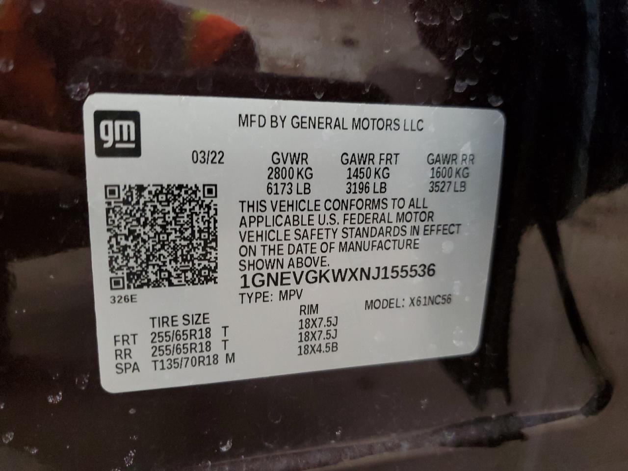 2022 CHEVROLET TRAVERSE LT VIN:1GNEVGKWXNJ155536