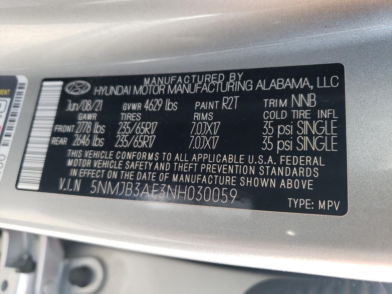 2022 HYUNDAI TUCSON SEL VIN:5NMJB3AE3NH030059