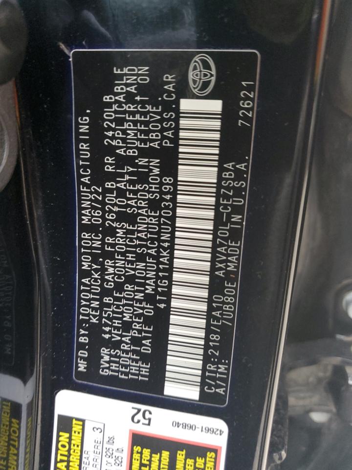 2022 TOYOTA CAMRY SE VIN:4T1G11AK4NU703498