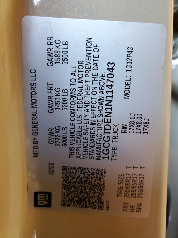 2022 CHEVROLET COLORADO Z71 VIN:1GCGTDEN1N1147043